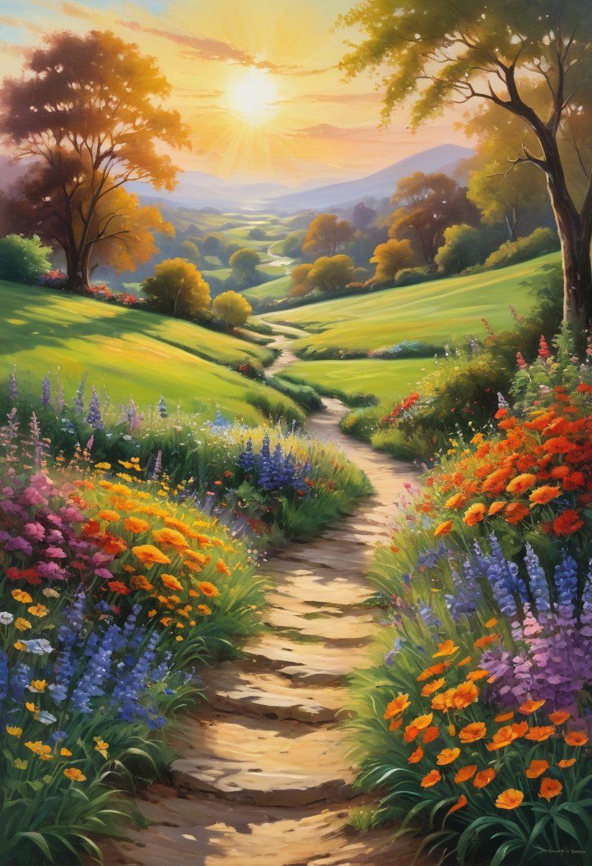 A vibrant landscape symbolizing joy, featuring a serene path winding through lush green fields filled with colorful flowers. In the distance, a radiant sun is rising, casting a warm glow over the scene. People of diverse backgrounds are joyfully engaging in various activities, such as dancing, painting, and enjoying the outdoors. The atmosphere is lively and infused with positivity, embodying a sense of happiness and connection with nature. painting. vibrant colors. enchanting atmosphere.