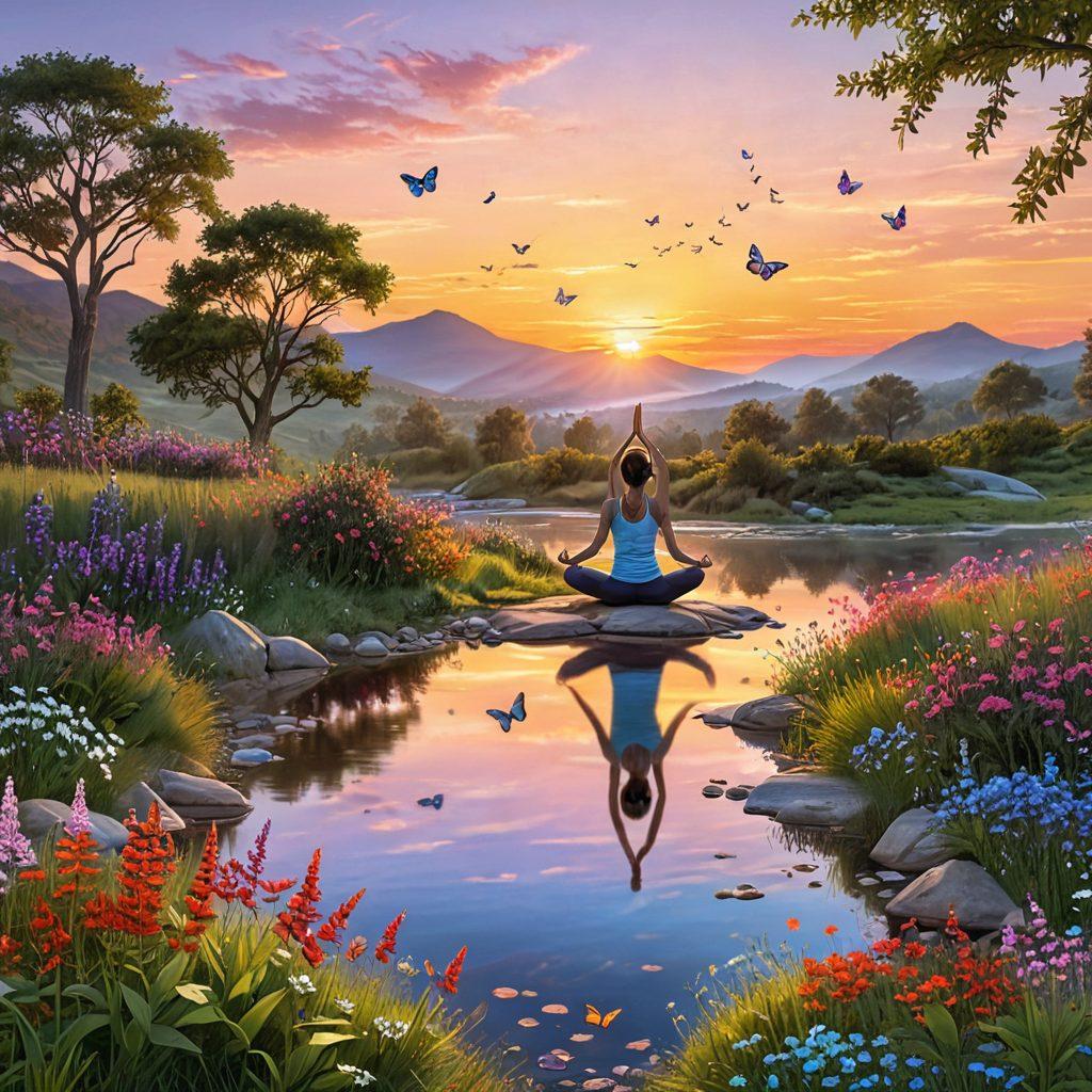 A serene landscape featuring a person practicing yoga on a hilltop during sunrise, surrounded by lush greenery and blooming flowers, symbolizing wellness and positivity. Include elements like colorful butterflies and a tranquil stream flowing nearby. The sky should be painted with soft pastel colors reflecting the dawn. super-realistic. vibrant colors. 3D.