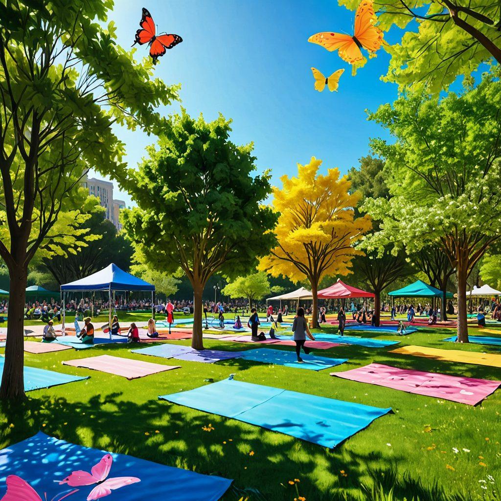 A vibrant scene depicting a sunny park filled with people engaging in joyful activities, like laughter, yoga, and picnicking, infused with warm colors and light. Include elements of nature such as blooming flowers and lush trees, symbolizing growth and happiness. Incorporate whimsical illustrations of smiling suns and colorful butterflies to enhance the blissful atmosphere. super-realistic. vibrant colors. 3D.